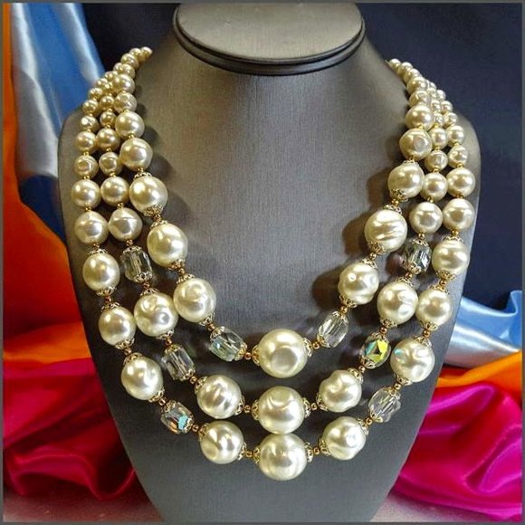 1950s Superb Rare Vintage Baroque Pearl Triple Necklace w...
